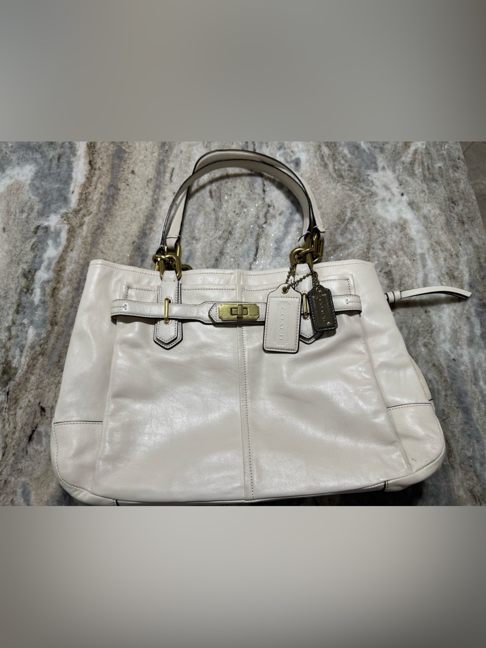 Coach Cream Leather Shoulder Tote with Gold Hardware